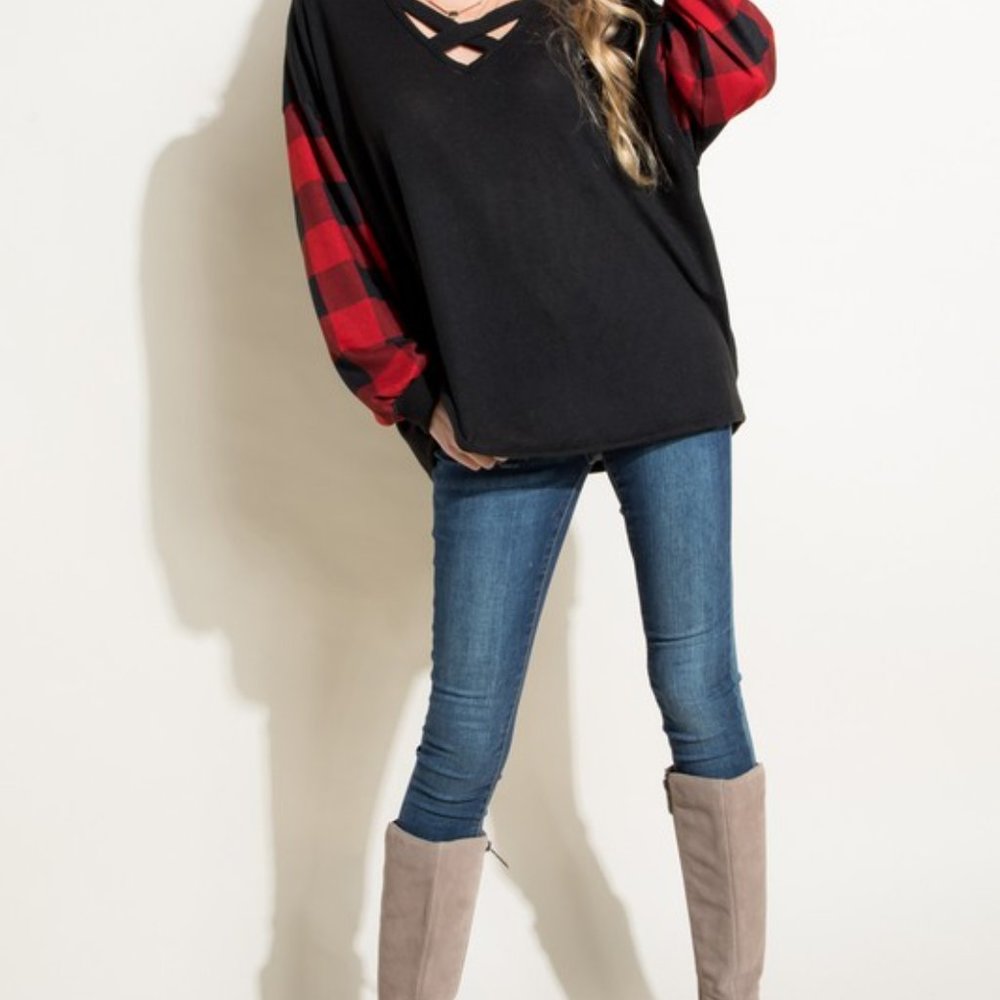 Buffalo Plaid Sleeve Criss Cross Tunic - Picture 4 of 7